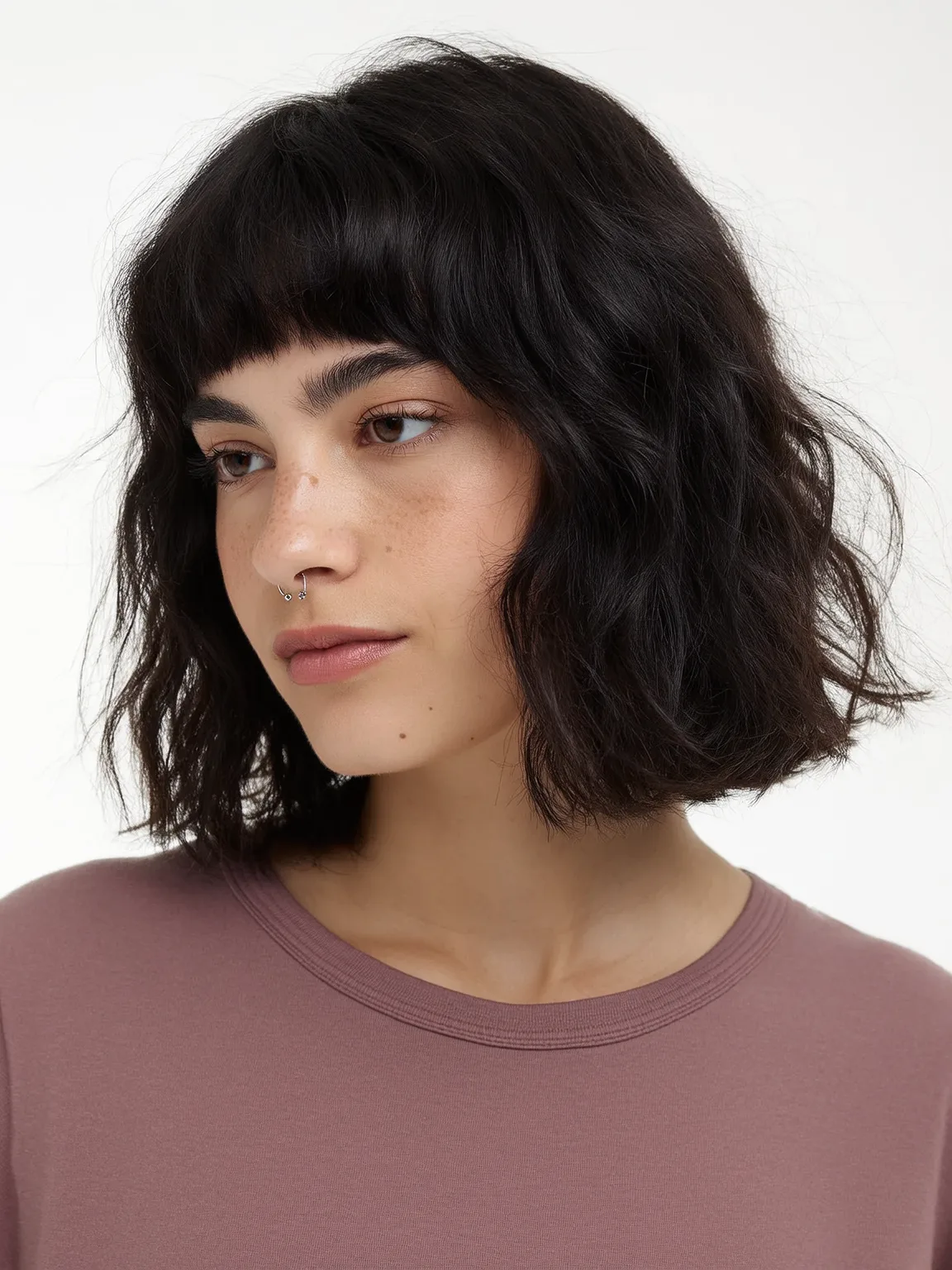 Chin-Length Deep Espresso Brown Wavy Bob with Blunt Bangs